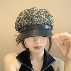 复古辣妹豹纹贝雷帽子女春秋时尚百搭显脸小画家八角帽皮檐报童帽