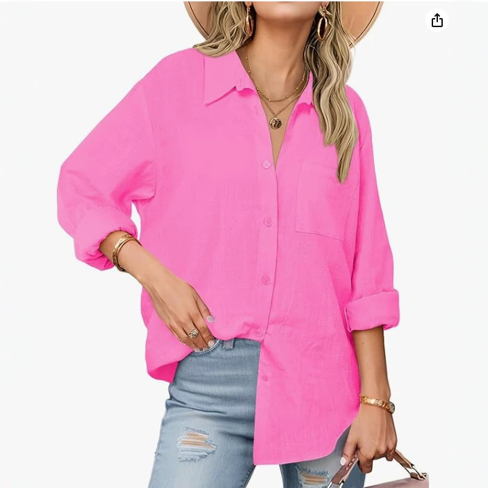 Women's Button-Down Shirt, Long-Sleeve Cotton Gauze Top, Casual Collared Shirt, Loose Fit Women's Button-Down Shirt, Long-Sleeve Cotton Gauze Top, Casual Collared Shirt, Loose Fit