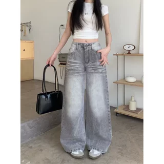 灰色阔腿牛仔裤女2026年新款高腰垂感宽松小个子美式直筒拖地裤子