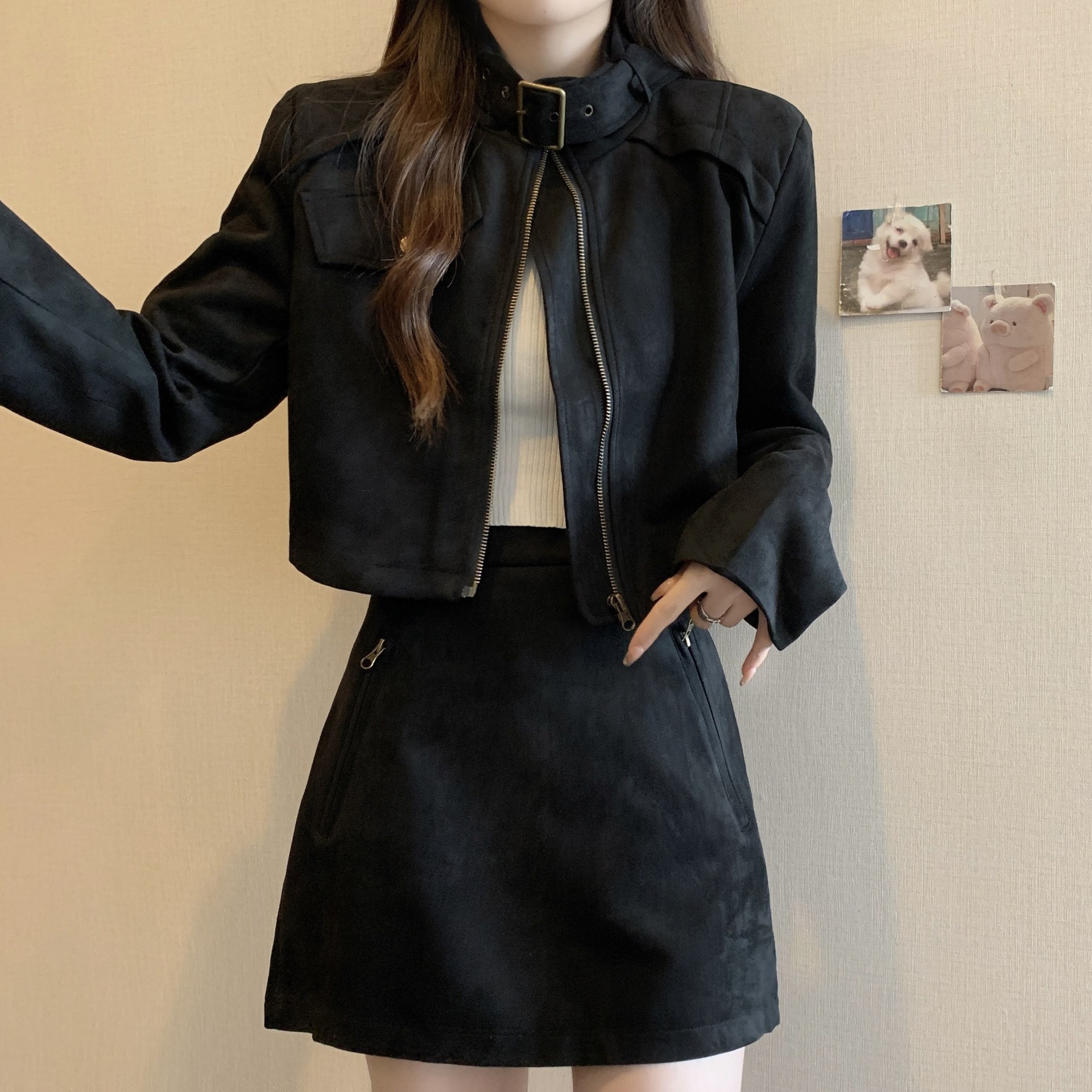 大码高级感黑色穿搭一整套女春装款胖mm气质显瘦皮外套两件套装裙