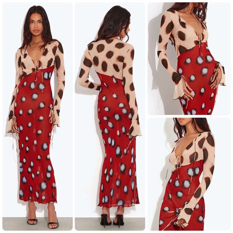 2026 Autumn Mesh Polka Dot Print Patchwork Contrast Color Tie-Neck Flared Long Sleeve Slim Elegant Long Dress
