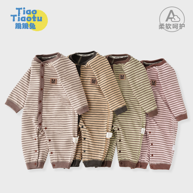 Baby Boy Autumn and Winter Romper, German Velvet Striped Warm Thermal-Locking Newborn Base Layer Underwear, Pajamas, Jumpsuit, Crawling Suit