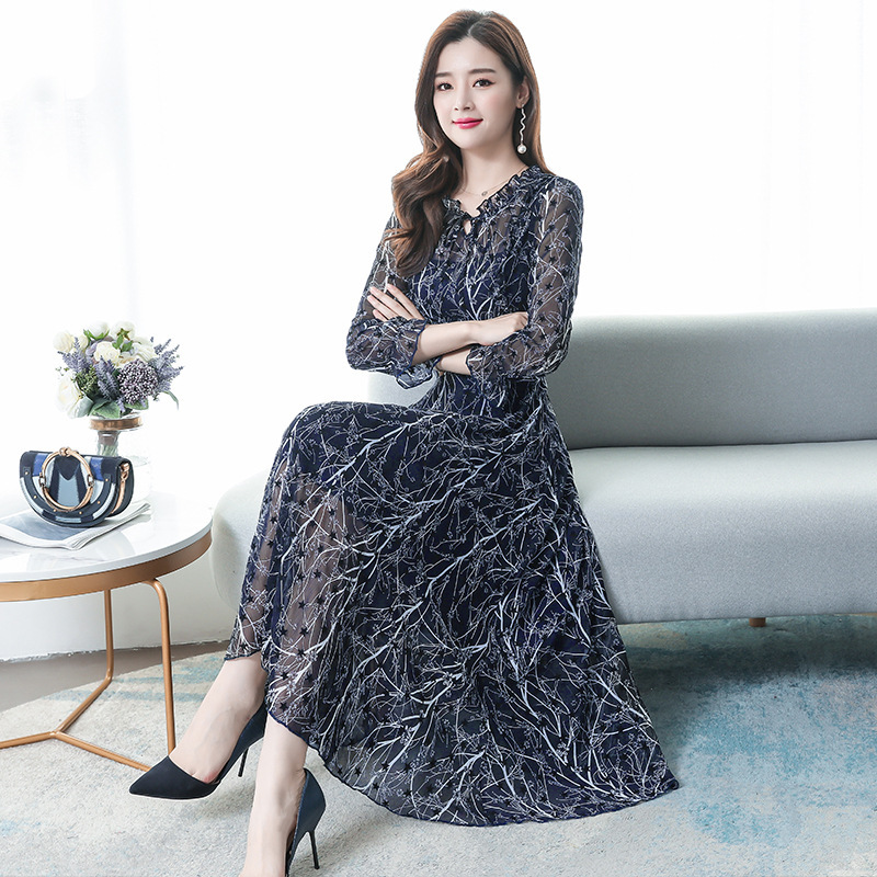 Long Sleeve Floral Chiffon Dress Women's 2023 Spring New Arrival Fashionable Stylish Belly-Covering Printed Mid-Length Skirt