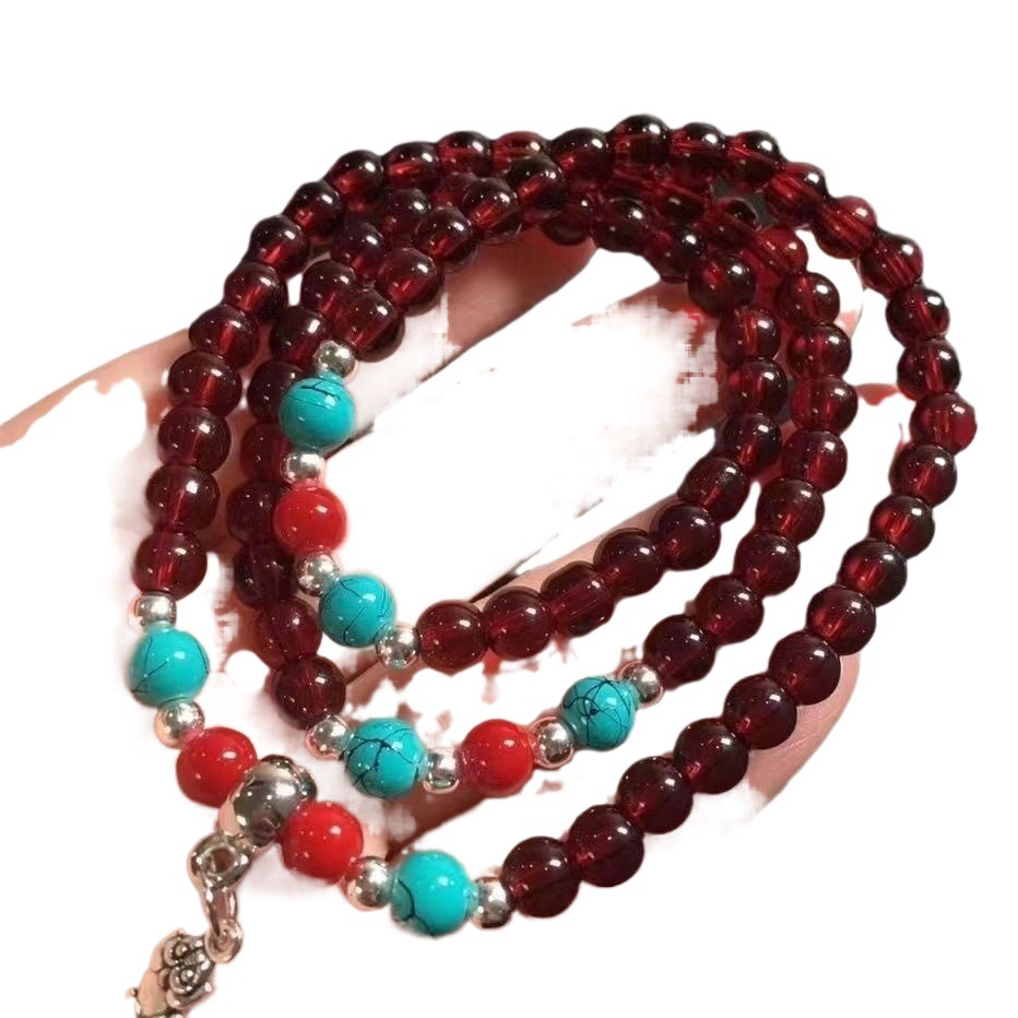 Wine Red Garnet beaded 3-ring winding bracelet ethnic style elegant halter Buddha beads beaded rosary beads for men and women 6mm