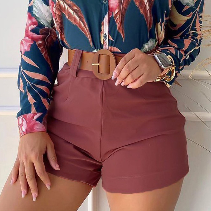 Conjunto de camisa de manga larga con estampado floral y pantalones cortos NSXPF103325