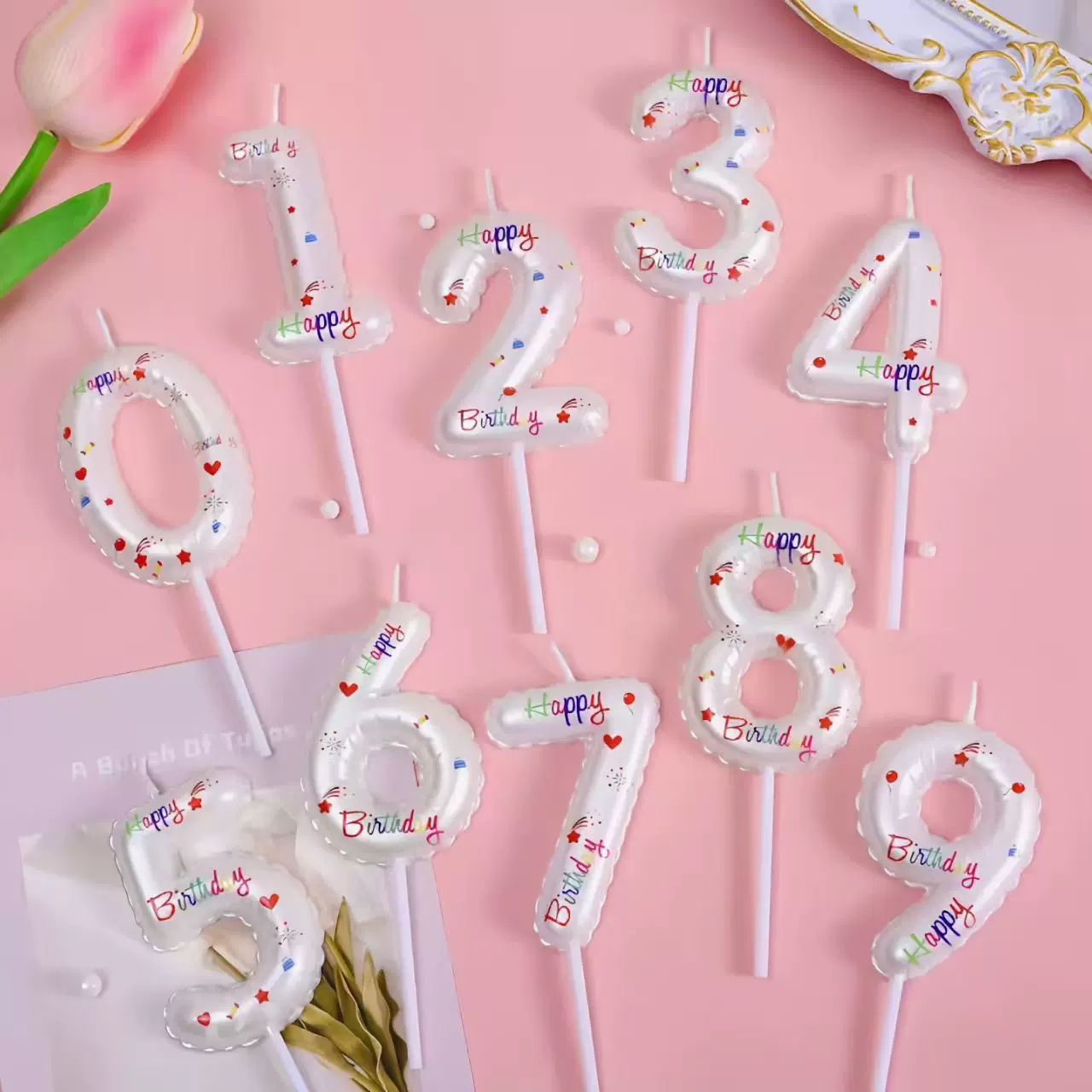 烘焙蛋糕装饰白色气球数字蜡烛渐变色粉色ins风生日蛋糕糖果蜡烛