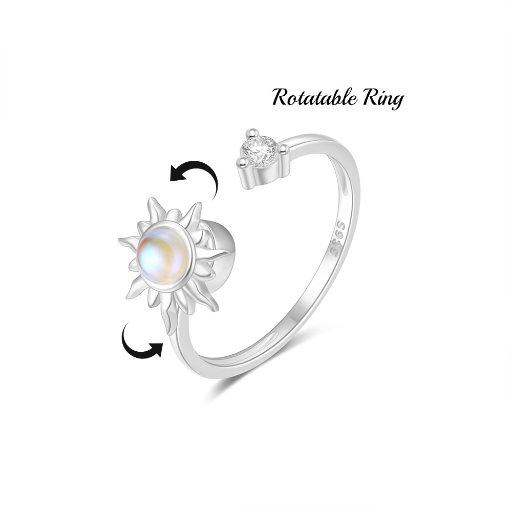 2g Weight Zircon Inlay Material Anxiety Ring, Open Rings Classification Adjustable Ring Size 1 Piece Quantity Daily Occasion 925 Sterling Silver Material Sun, Moon Pattern All Seasons Season Women's Gender Plating, Inlay Design Sweet, Shiny Style 925 Sterling Silver Zircon Sun Moon Open Rings Anxiety Ring 925 Sterling Silver Rings 38