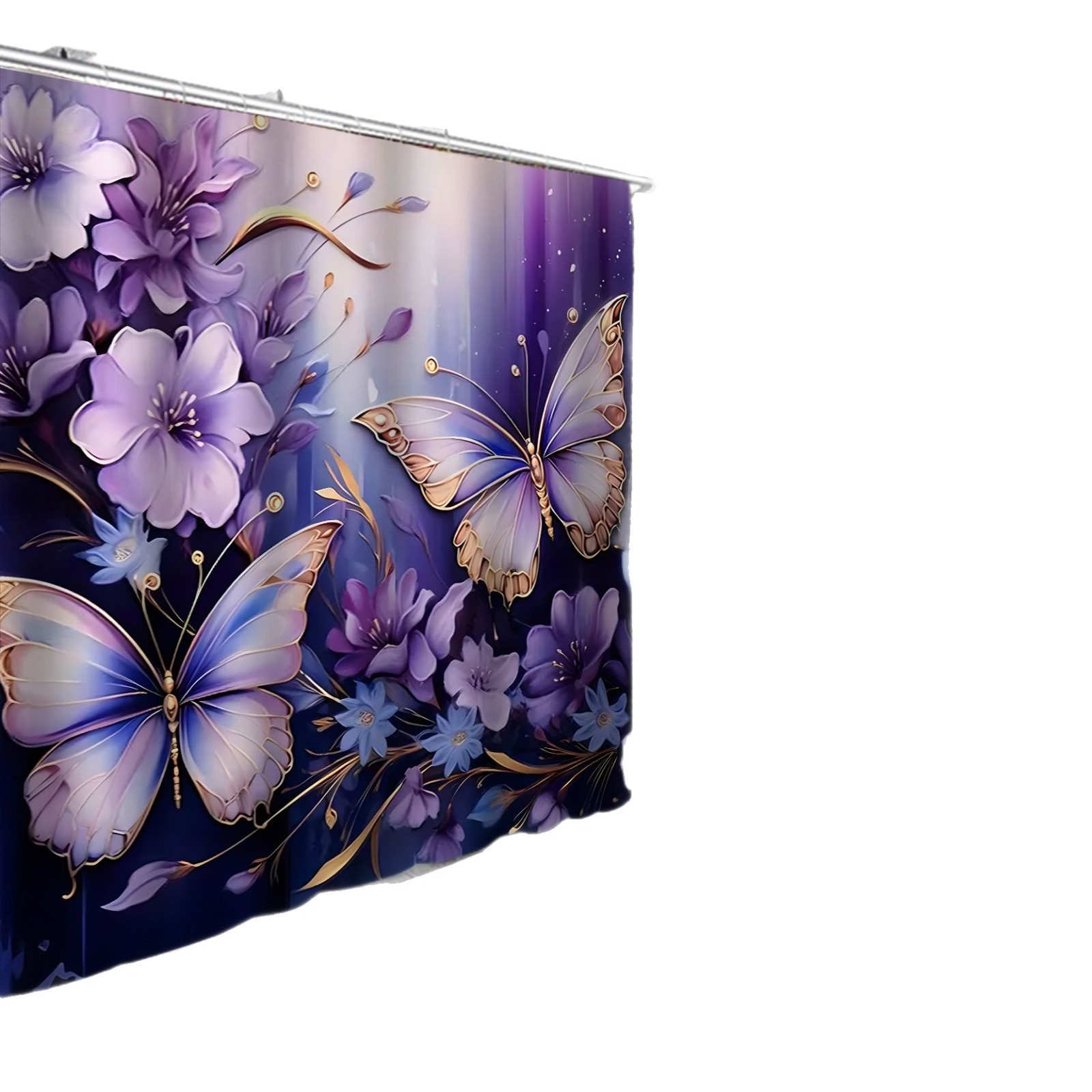 Flor de mariposa impresa cortina de baño a prueba de agua a prueba de moho nuevo tipo de tela retro sin perforación baño cortina de baño