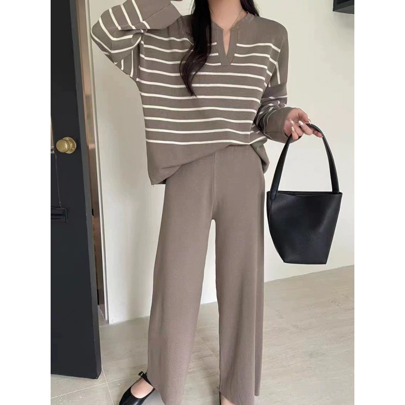 Knitted trousers set, Korean style, high‑waist wide‑leg, Camel/Apricot/Black, S–XL