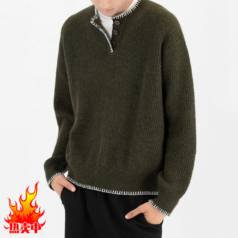 Cleanfit Pearl Design Henry Collar Sweater All-match Lazy Style Hand-stitched Sweater Coat Autumn and Winter