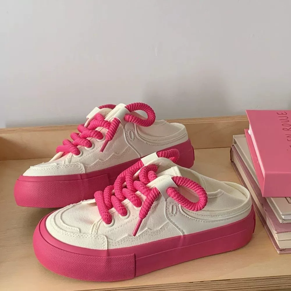 Два способа ношения ~ Розовые красные дышащие тонкие педали ленивые полутолщенные холщовые туфли для девочек осенние студенты маленькие белые туфли