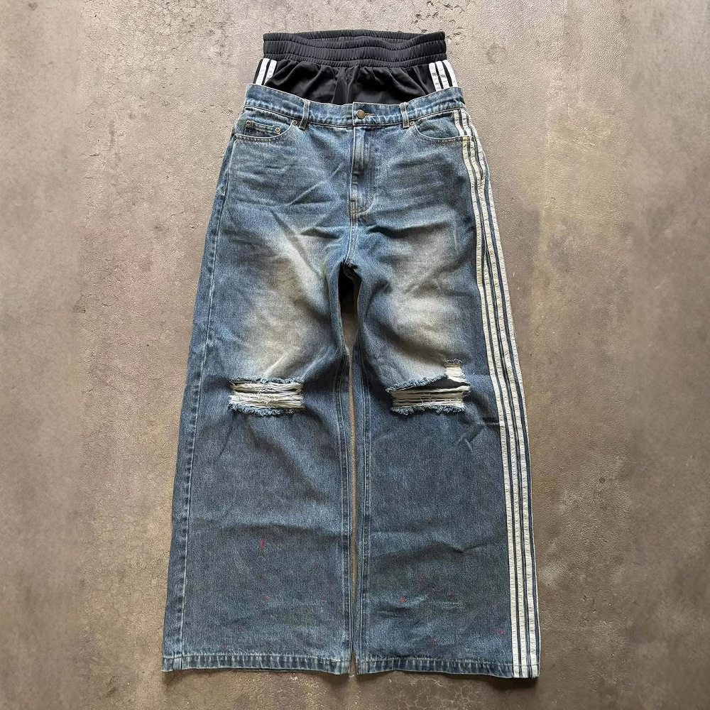 Vaqueros a rayas lavados europeos y americanos, pantalones de trapeador de pierna ancha de hip-hop holgados casuales de cintura alta para hombres