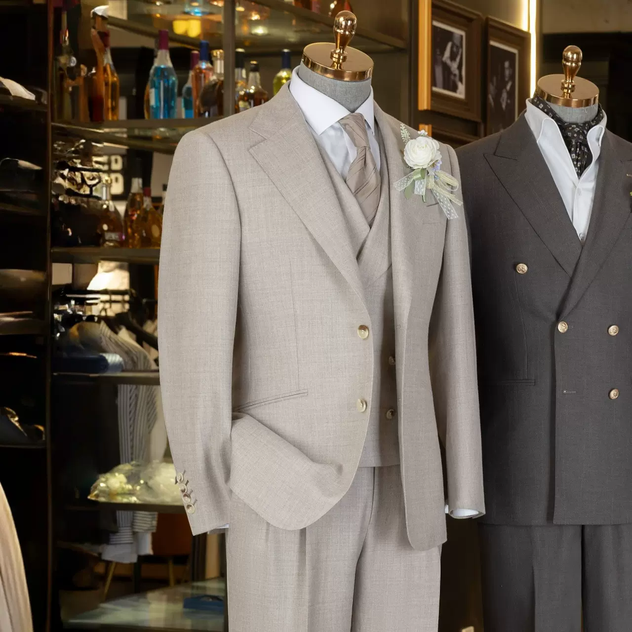 100%美利奴羊毛男士澳毛西装男套装新郎结婚礼服半麻衬西服三件套