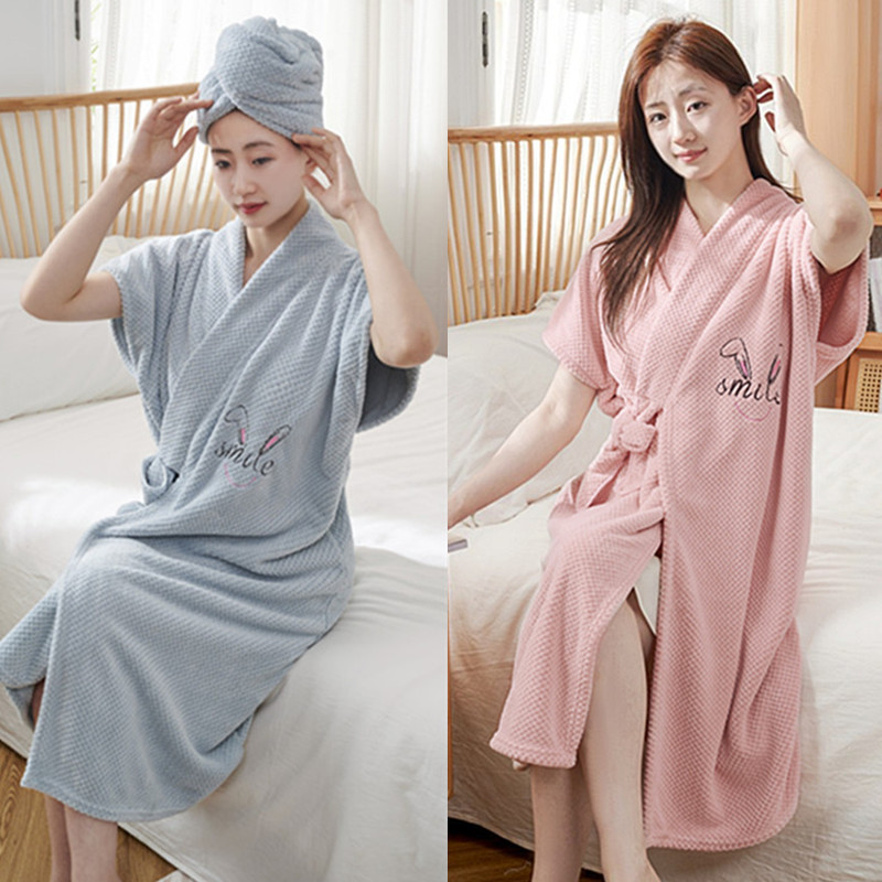 목욕 가운 여성용 속건 착용 파인애플 돼지 느슨한 플러스 사이즈 긴 산호 양털 드라이 헤어 모자 목욕 스커트를 입고 투피스 세트