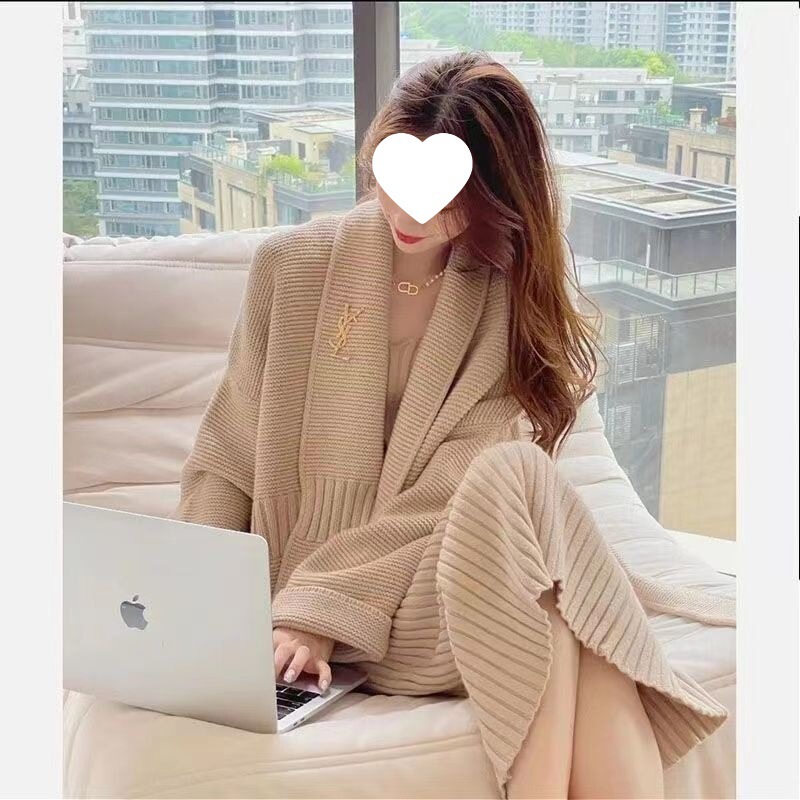 秋季时尚设计感毛衣套装慵懒系带针织开衫外套女V领吊带裙两件套|undefined