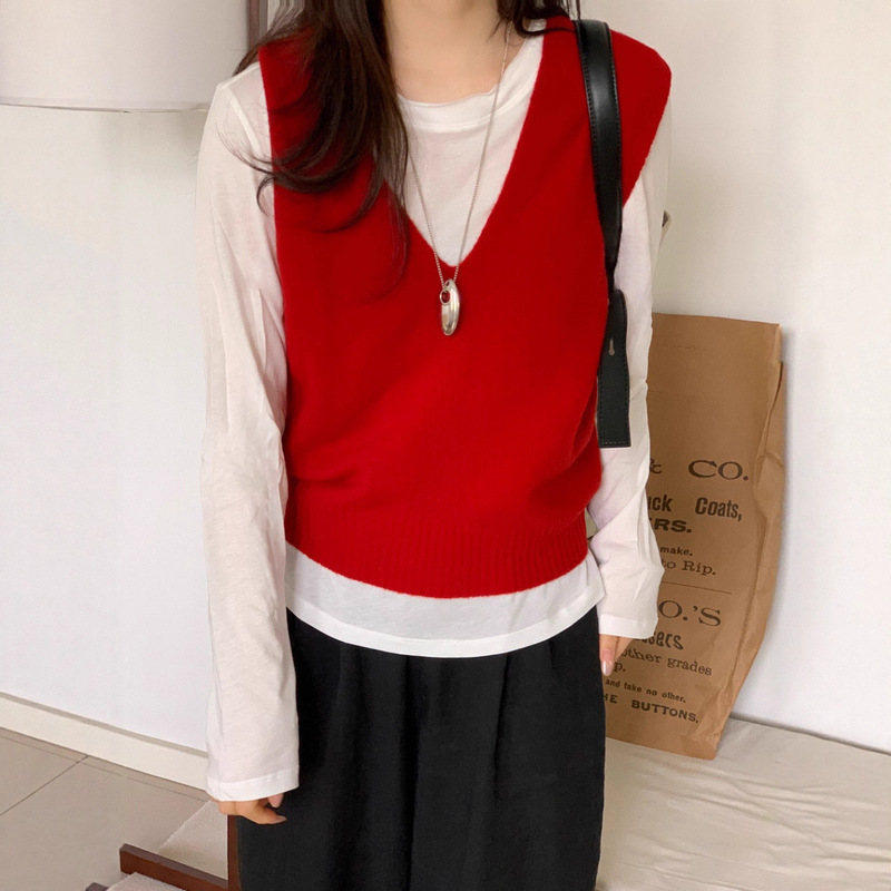 25年秋冬季新款大V领套头宽松显瘦高级感韩版马甲针织衫上衣时尚|undefined