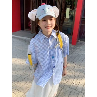 蓝色格子短袖衬衫女夏季2026新款宽松休闲美式趣味纽扣薄款衬衣潮