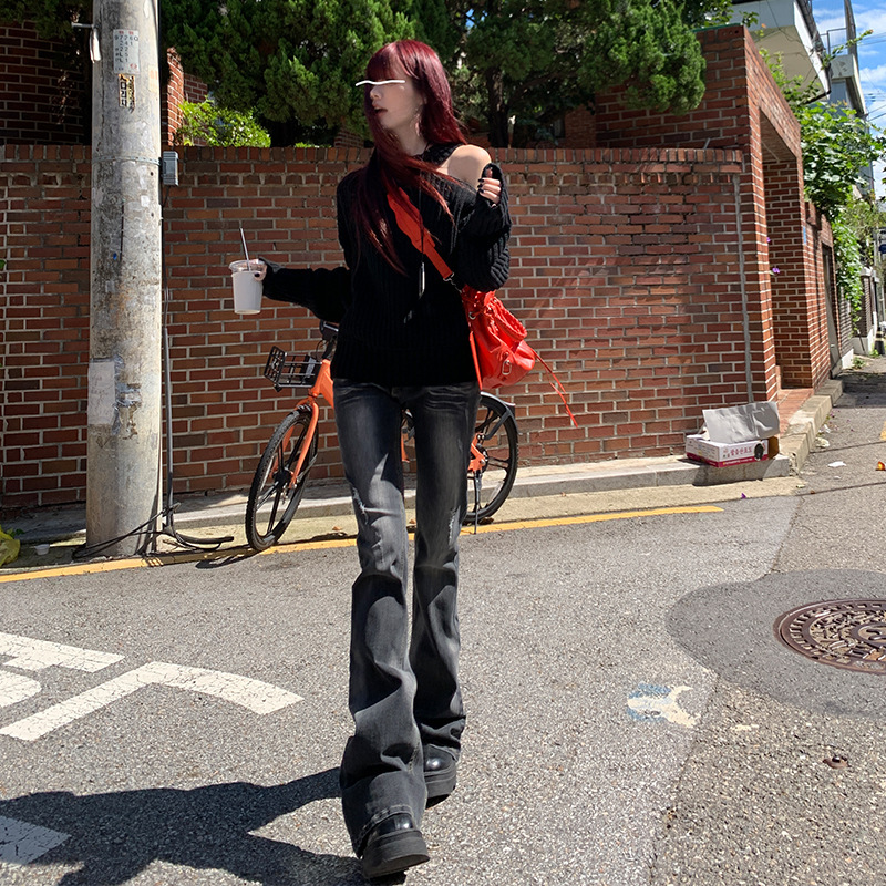 [] Classic Joker | Modifying Curve | Beautiful Sister Elastic Bell Pants Black & Blue regular & Longer