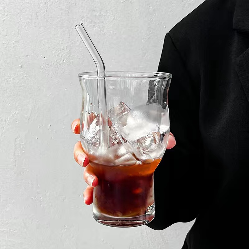 Taza de café americana de hielo de gran capacidad de soda burbuja taza de agua de nicho retrógrado amplio taza de vidrio de boca fría taza de fruta