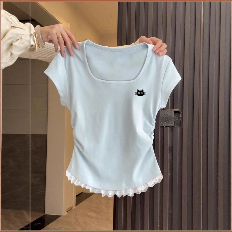 Korean Style Beautiful Square Neck Shirt 2025 New Summer Hot Style Unique and Beautiful Waist Top Slimming Look Short-Sleeved T-Shirt for Women