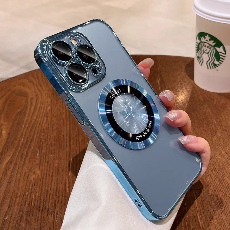 Venta directa de fábrica iphone15promax funda para teléfono móvil de Apple lupa espejo integrado de revestimiento magnético estuche suave con patrón de CD