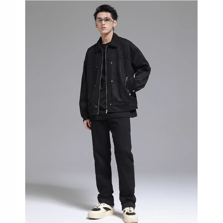 Cremallera básica abrigo hombres Otoño e Invierno Suede ropa herramientas americano 2023 nueva chaqueta de solapa superior moda