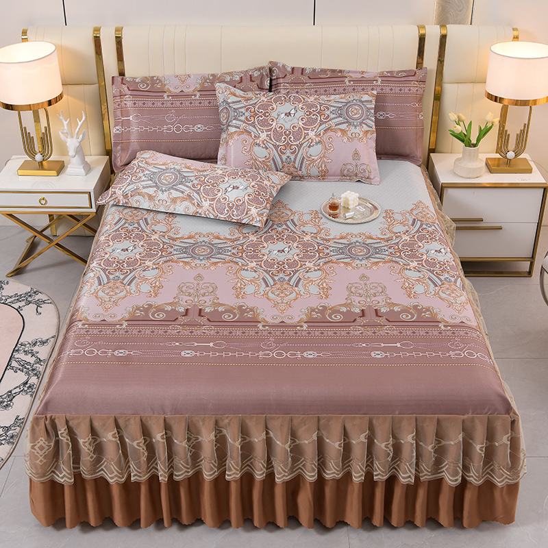 Verano transfronterizo nuevo estilo de seda fresca versión coreana de seda de hielo de color sólido falda de cama de tres piezas al por mayor (lavable a máquina)