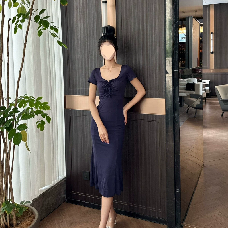 Французское синее платье, женское новое высококачественное тонкое платье с квадратным вырезом и длинной юбкой «рыбий хвост»