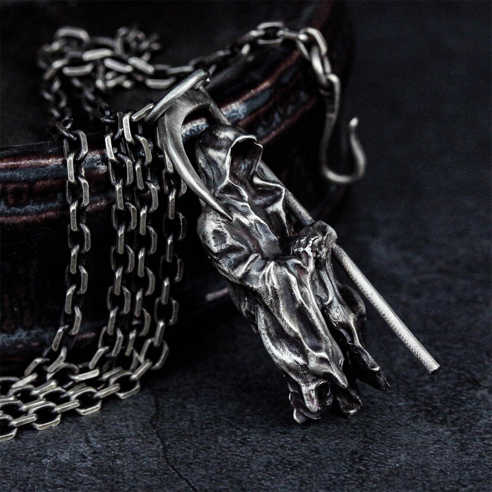 Cross-Border European And American New Dark Gothic Punk Style Grim Reaper Scythe Pendant Men's Necklace Halloween_voghion.com