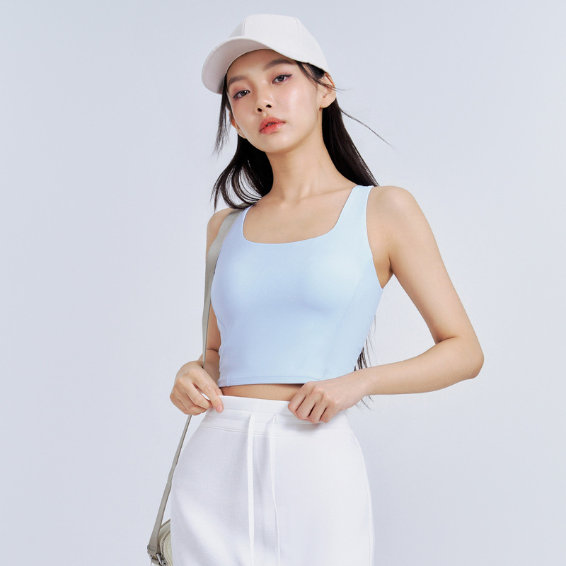 Huanpan スポーツブラ ヌードスクエアカラー 耐衝撃固定カップ ヨガベスト フェイクツーピース ビューティーバック フィットネスブラ アウター|undefined