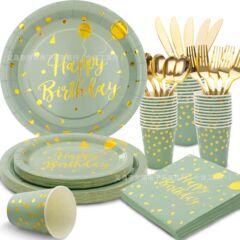 緑の背景に金箔をあしらった使い捨てパーティーペーパー皿、子供の誕生日や結婚式の使い捨てパーティー食器
