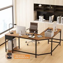 L形电脑桌带抽屉和层架大型角落办公桌与2挂钩现代办公游戏桌