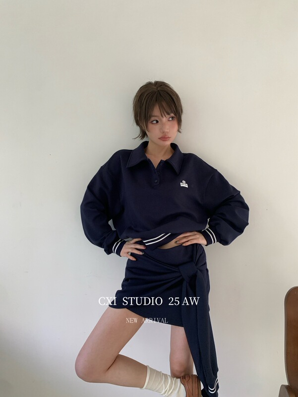 CXI 柏林少女polo领上衣半身裙两件套针织套装休闲宽松卫衣短裙|undefined