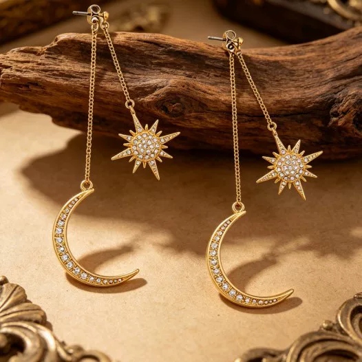 Cross-Border Hot-Selling Earrings, New Style Star and Moon Long Dangle Earrings, Light Luxury Style Earrings Wholesale