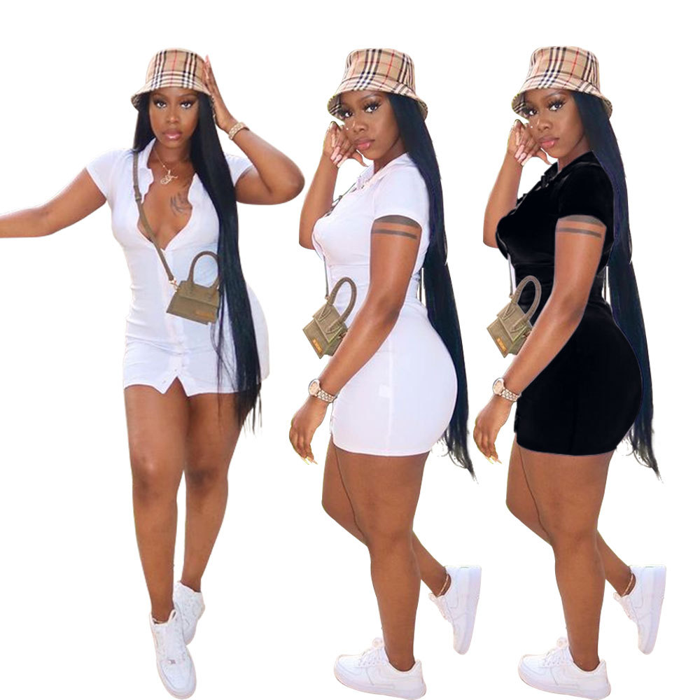 跨境新款wis亚马逊欧美外贸女装  翻领性感宽松纯色衬衫连衣裙女