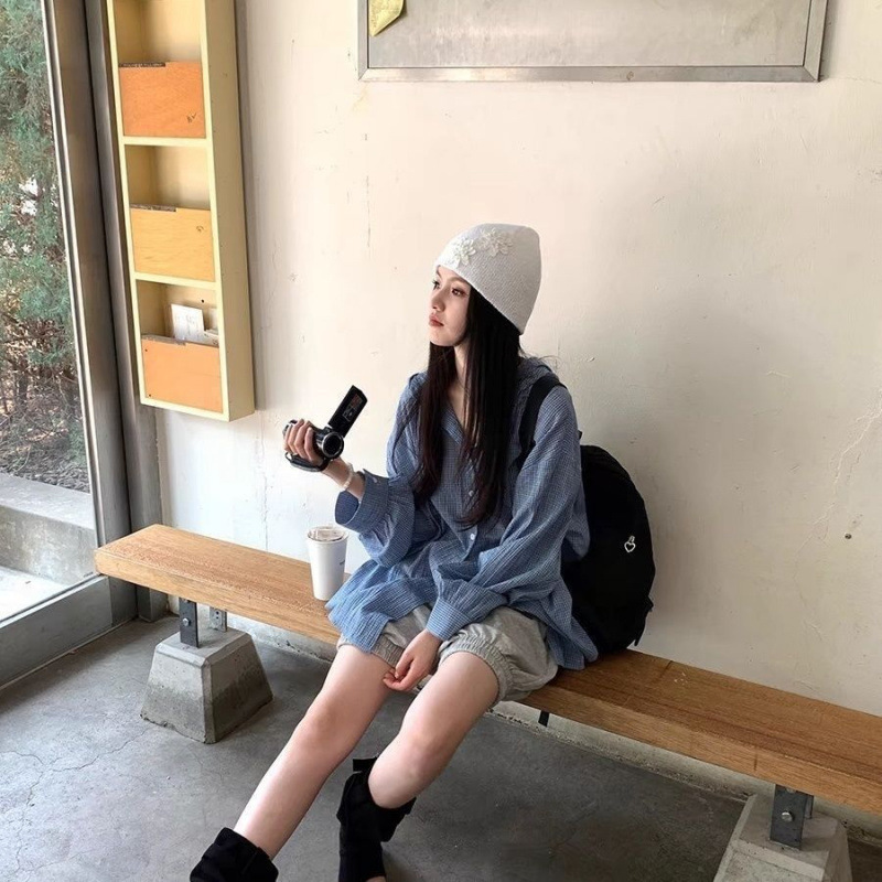 跨境韩系蓝色格子连帽防晒衬衫女秋季薄款宽松休闲慵懒风减龄上衣|undefined