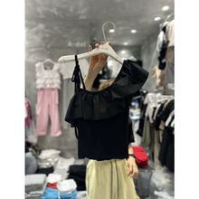 2025韩国东大门代购斜肩荷叶边露肩不对称吊带紧身T恤上衣女甜辣