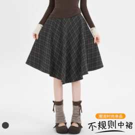 秋冬季新款格子a字毛呢半身裙女高腰显瘦遮胯大摆伞裙中长裙A9653