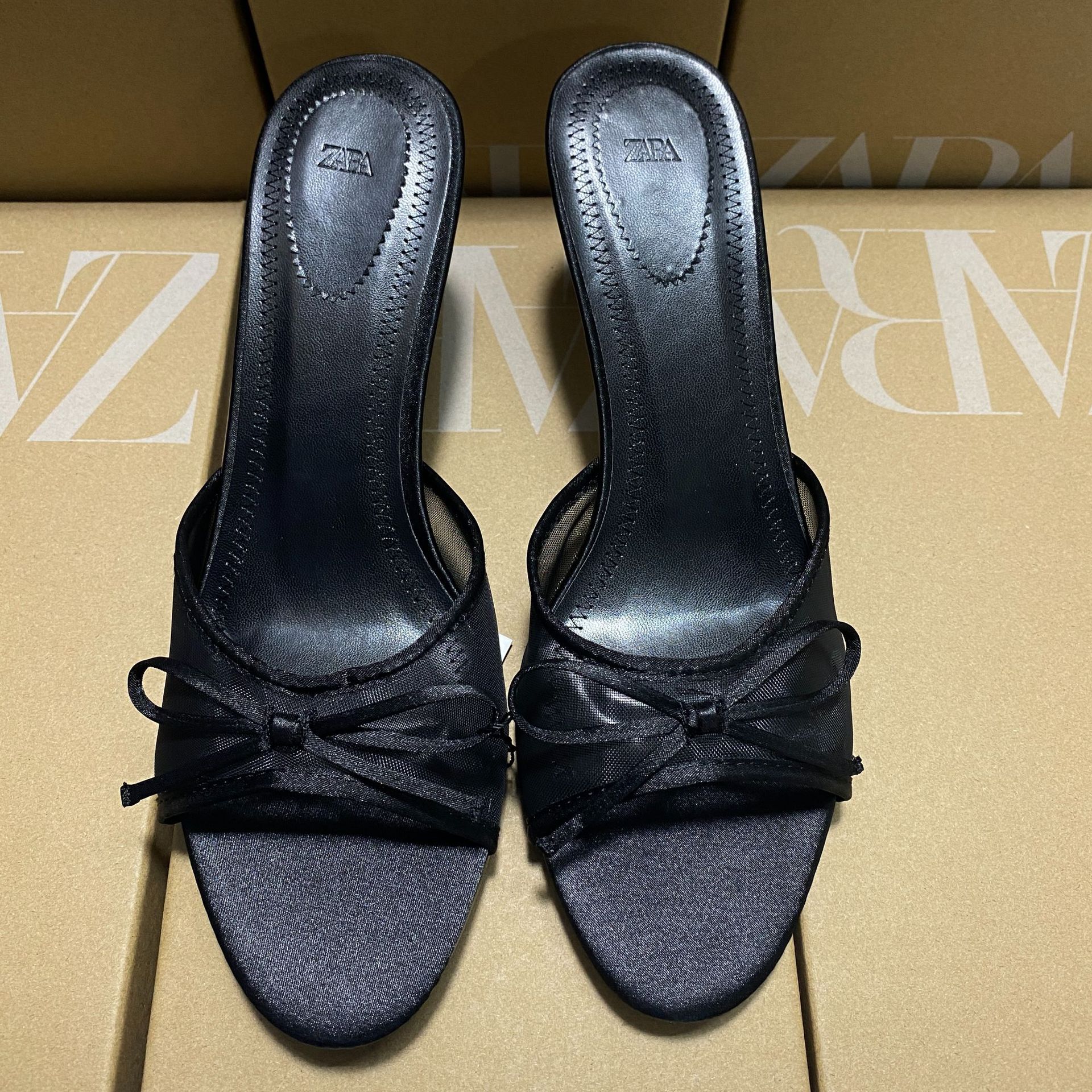 Zara, mesh sexy mule with bow open toe stiletto heels, french style, open heel