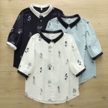 夏装 日系森女文艺印花中袖衬衫女 撞色拼接柔软亲肤纯棉棉纱上衣