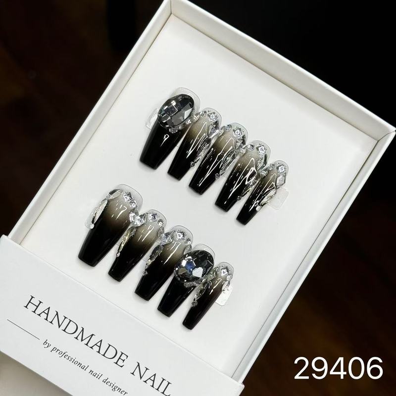 【純手作りのつけ爪29-32】ロングフレンチキャットアイパッチ付け爪、取り外し可能なネイルアートコレクション|undefined