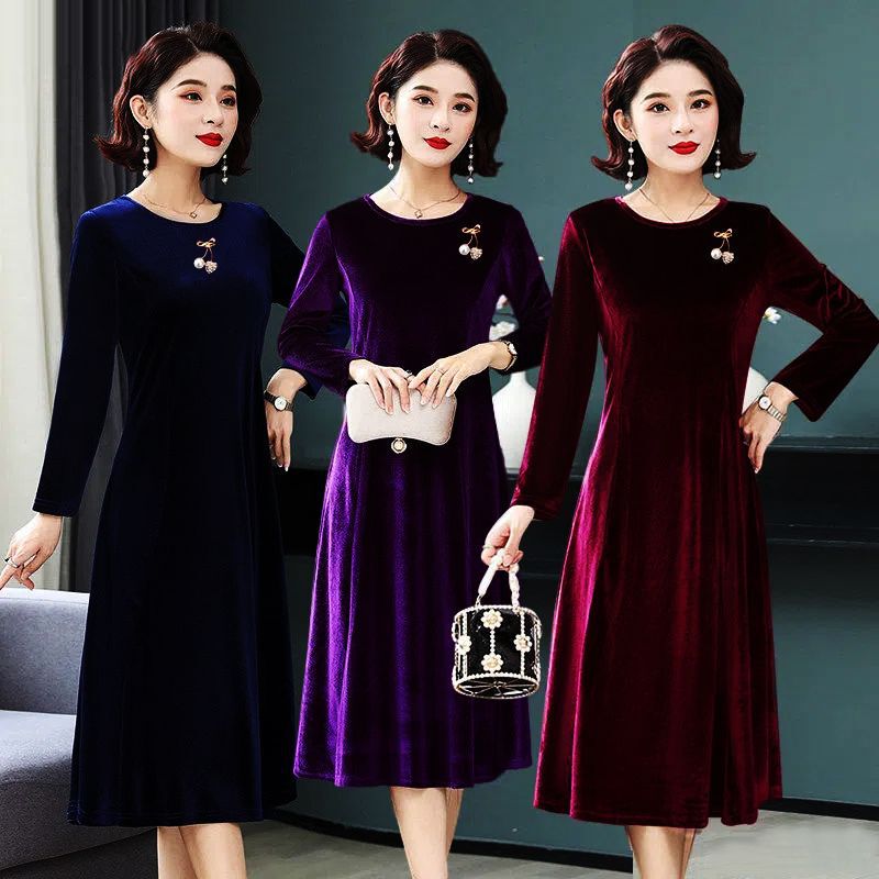 High-End Korean Velvet Round Neck Dress for Women in Autumn and Winter, Middle-Aged Mothers Covering Belly and Knee-Length Large Size Bottoming Cheongsam High-End Korean Velvet Round Neck Dress for Women in Autumn and Winter, Middle-Aged Mothers Covering Belly and Knee-Length Large Size Bottoming Cheongsam