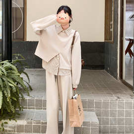 卡其色条纹衬衫卫衣套装2025新款女春秋学院风韩系休闲运动一整套