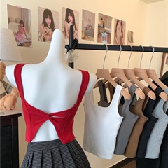 衣架款小心機扭結開叉露背辣妹上修身純色方領吊帶背心女