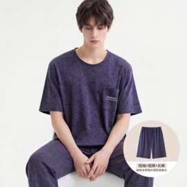春夏新款纯棉男短袖短裤长裤套头三件套睡衣休闲男家居服图片色