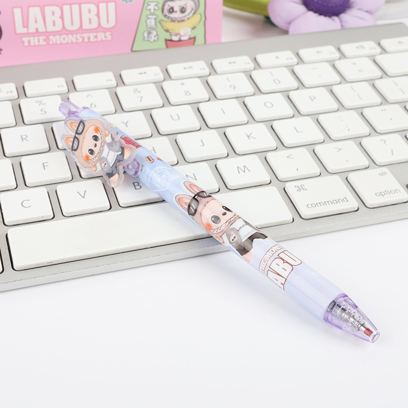 LABUBU卡通贴片按动笔0.5mm学生日常书写笔黑色中性笔厂家批发|undefined