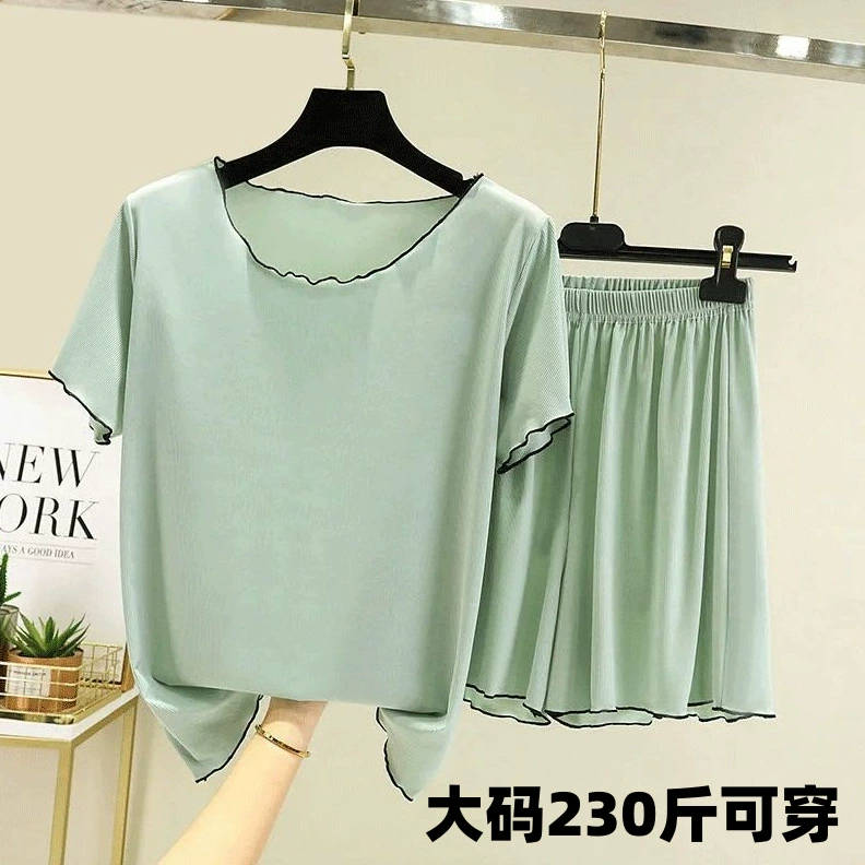 Женский свободный комплект из ледяного шелка больших размеров. Новая домашняя одежда 100kg года. Пижамы для женщин больших размеров, летний комплект из двух предметов с короткими рукавами.