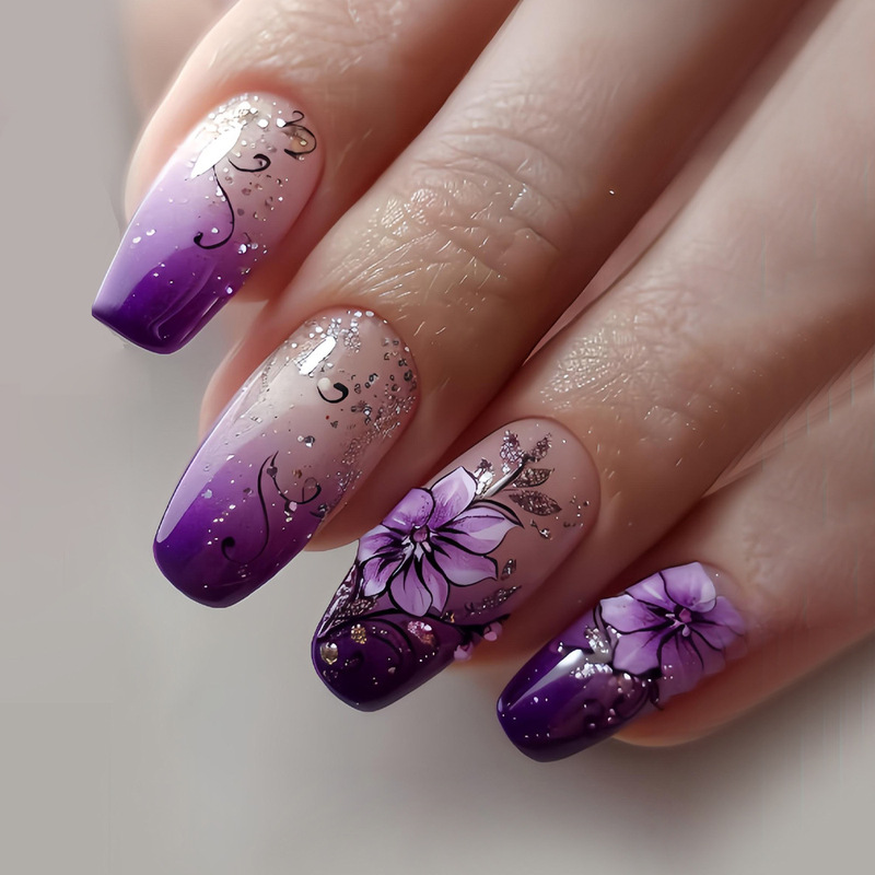 European and American Medium Ballet Nails with Sparkling Purple Flower Nail Stickers Flower Wearable Nails Wholesale Press on Nails