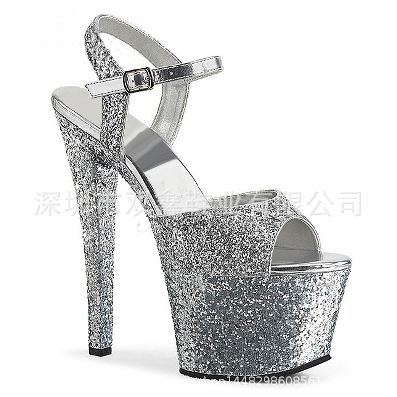 17cm Super tacón alto tamaño libre peep toe cuero señora Orden de goma hebilla estilo francés sandalias moda negro