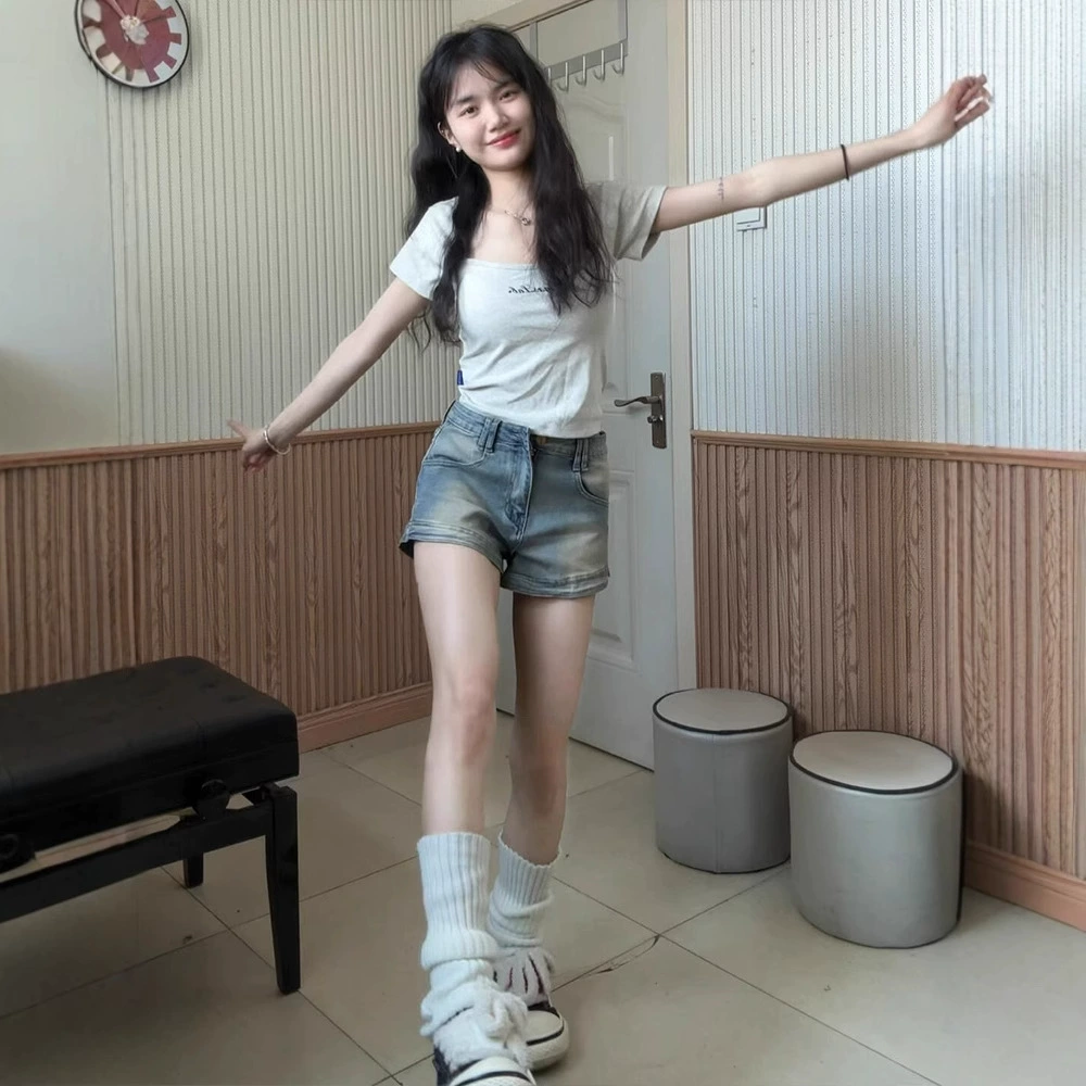 Женские джинсовые шорты в американском стиле ретро для миниатюрных размеров, летние тонкие эластичные утягивающие брюки трапециевидной формы с высокой талией для горячих девушек, прямые широкие брюки